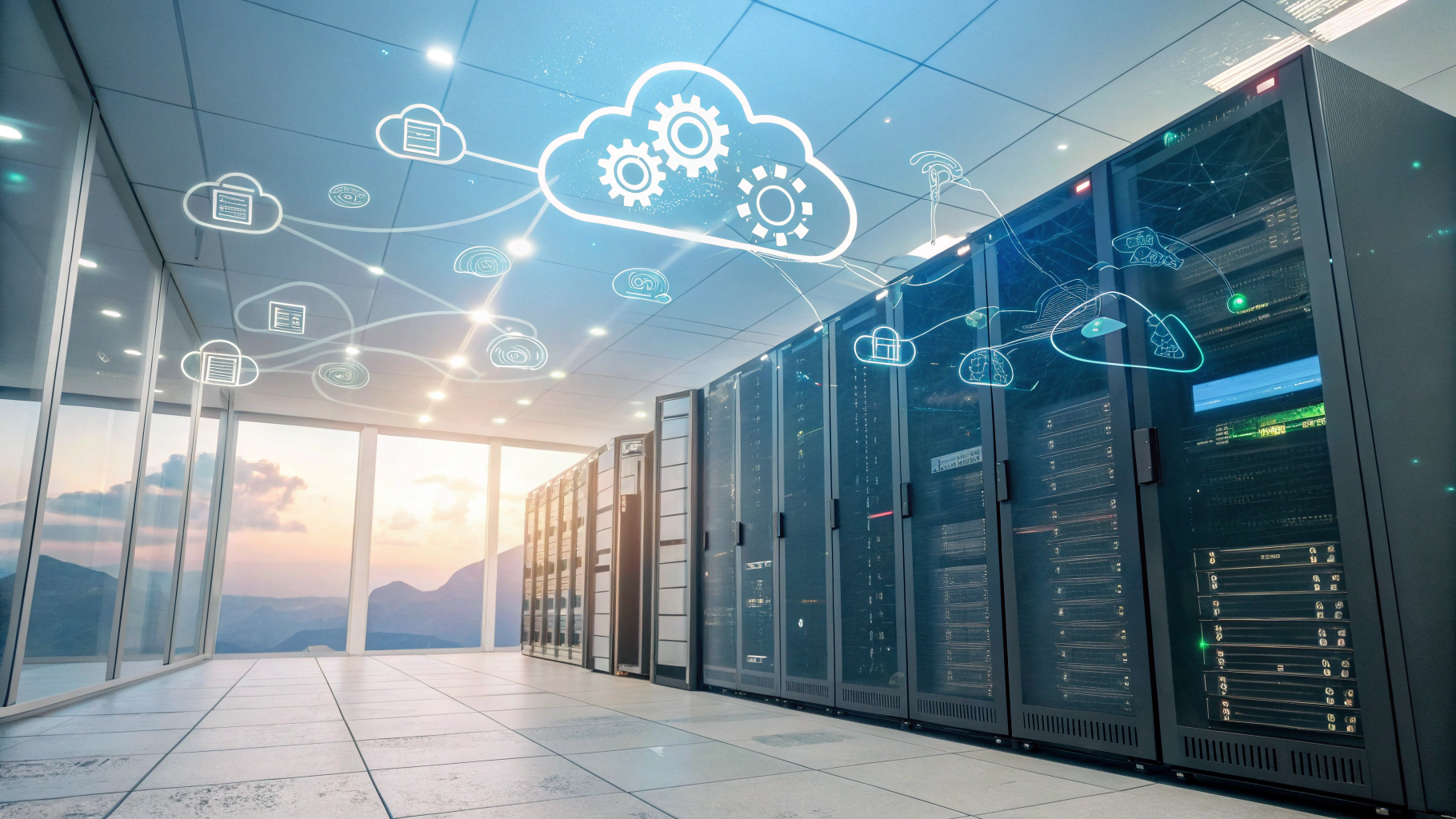 Futuristic 3D architectural model of a cloud network infrastructure