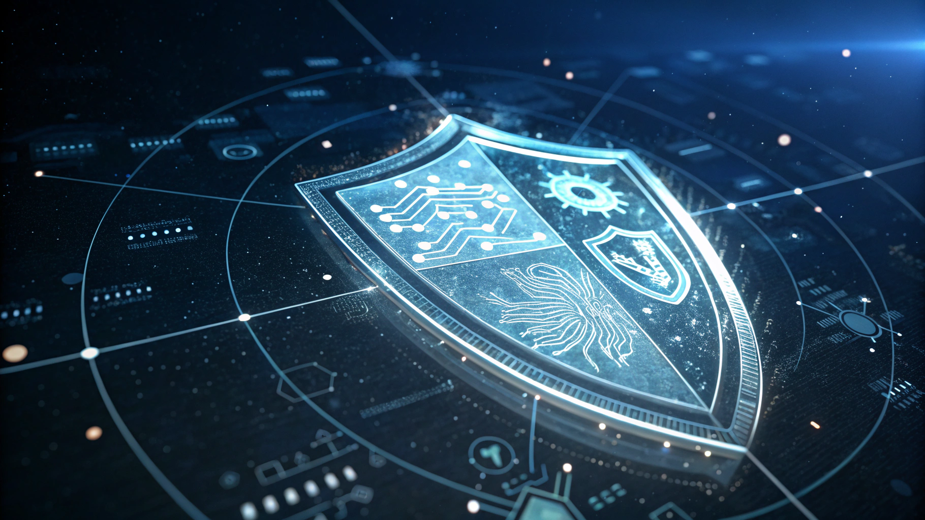 Cybersecurity shield visualization protecting digital data assets